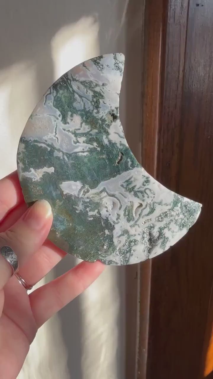 Moss Agate Moon | Crystal Agate Moon | Crystal Moon | Carved Crystal | Crystal Carving | Moon Decor | Home Decor | Altar Decor | Moon Gift