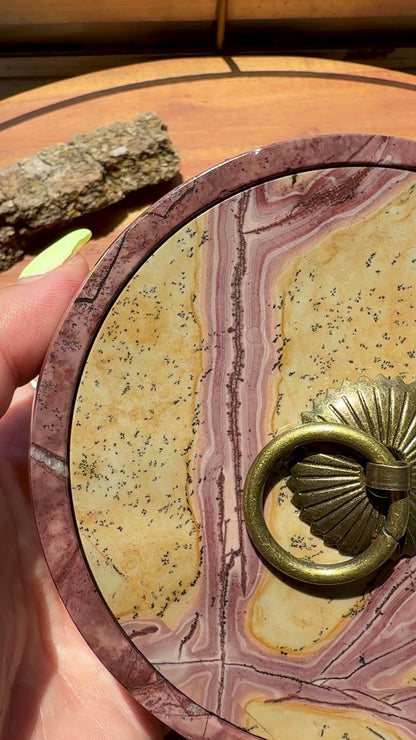 ROUND PICTURE JASPER BOX WITH BRASS DETAIL
